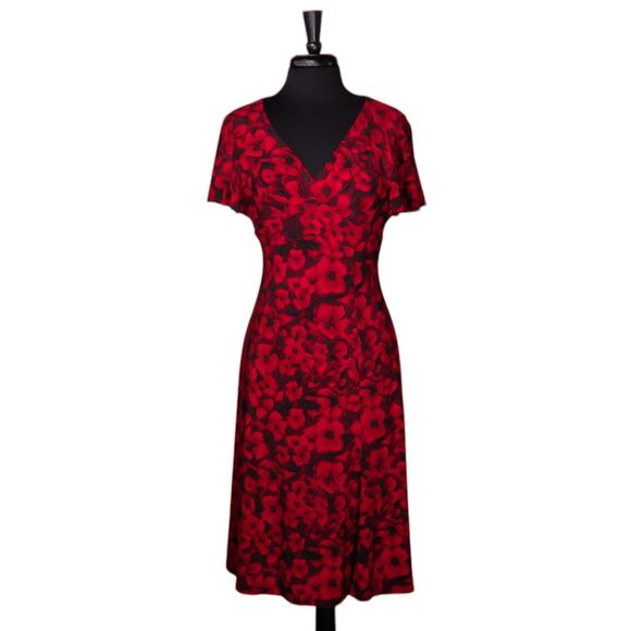Chaps Ralph Lauren Women's Dress Red Floral Stretch V-Neck Fit Flare Sheath S - Picture 1 of 8
